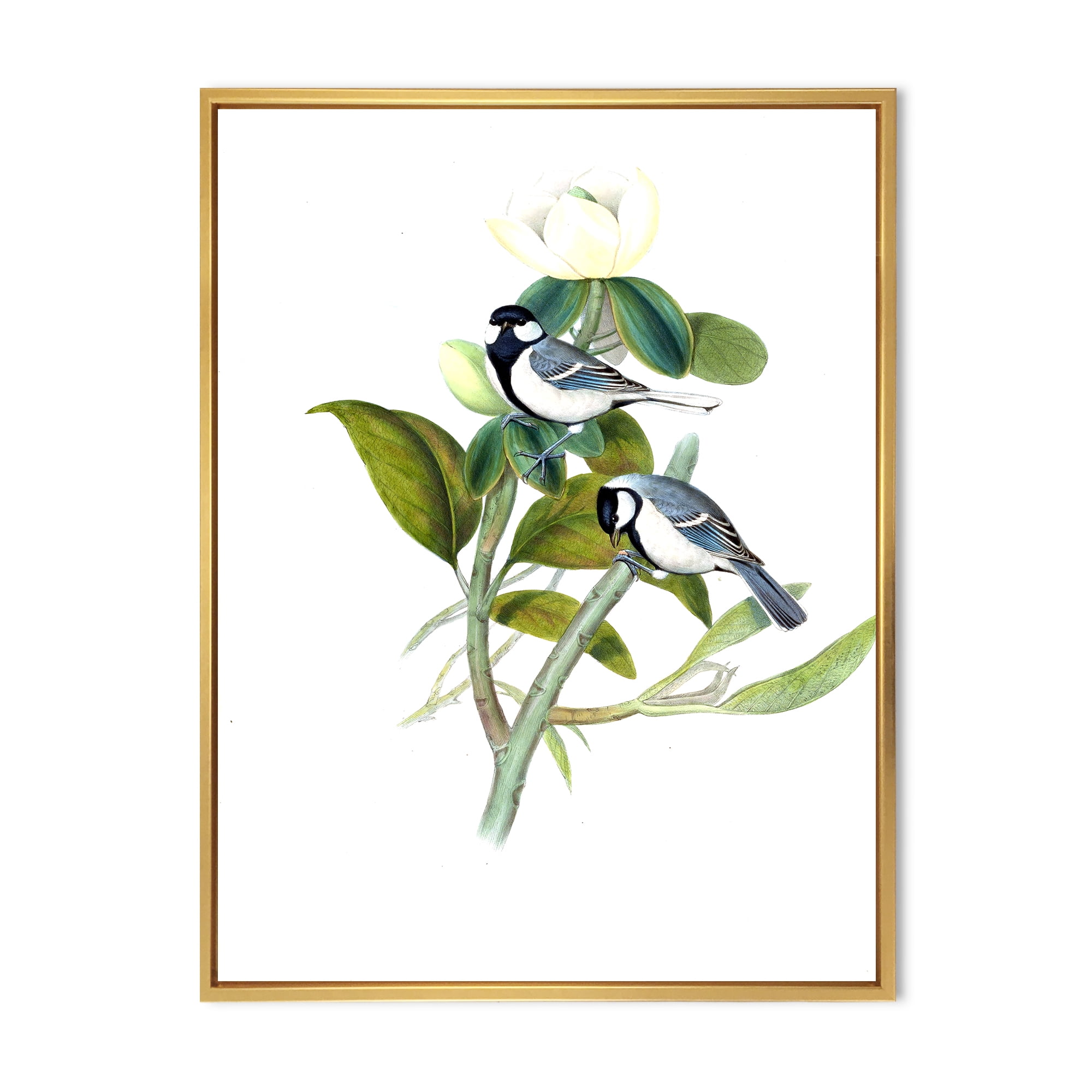 Designart 'Vintage Countryside Birds On Branch I' Farmhouse Framed Canvas Wall Art Print
