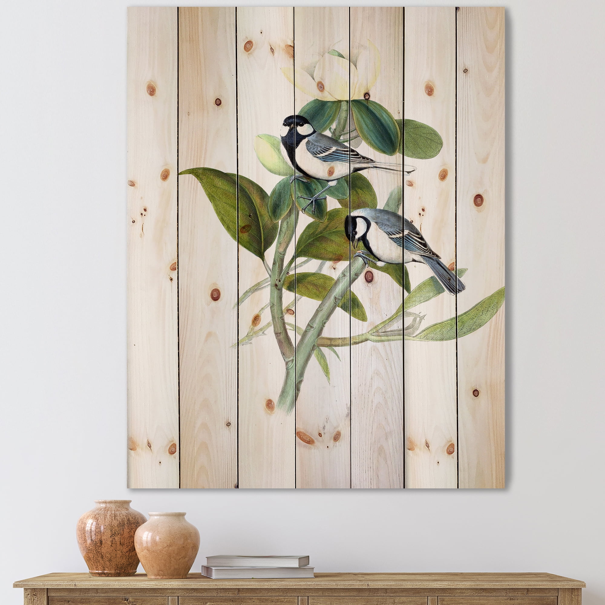 Designart 'Vintage Countryside Birds On Branch I' Farmhouse Print on Natural Pine Wood