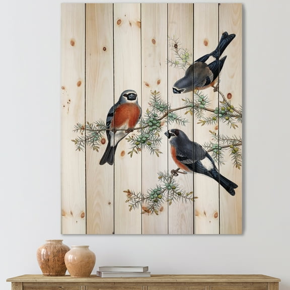 Designart 'Vintage Countryside Birds On Branch III' Farmhouse Print on Natural Pine Wood
