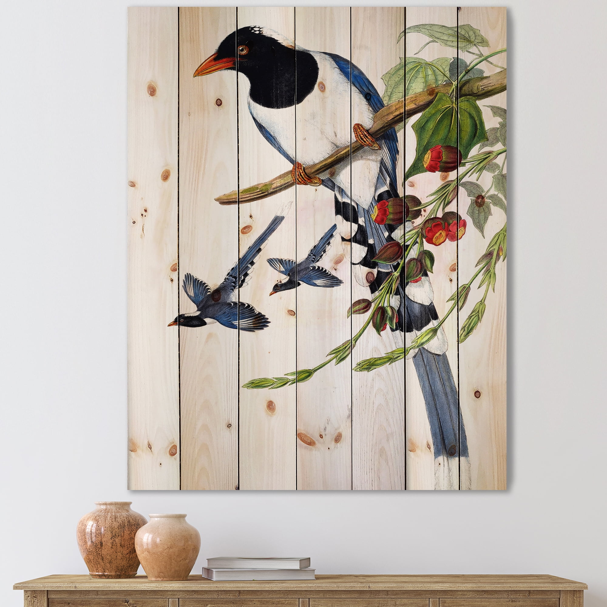 Designart 'Vintage Countryside Birds On Branch IV' Farmhouse Print on Natural Pine Wood