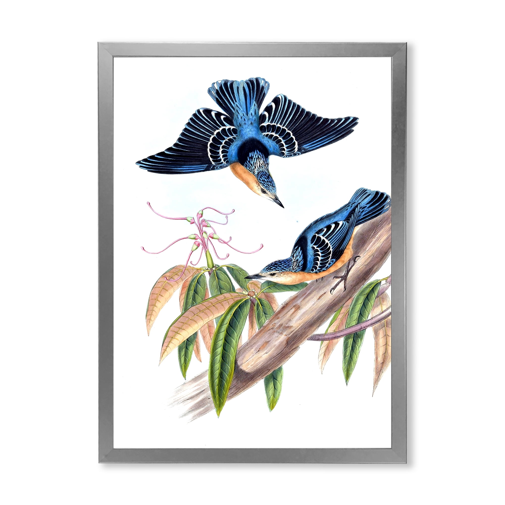 Designart 'Vintage Countryside Birds On Branch V' Farmhouse Framed Art Print