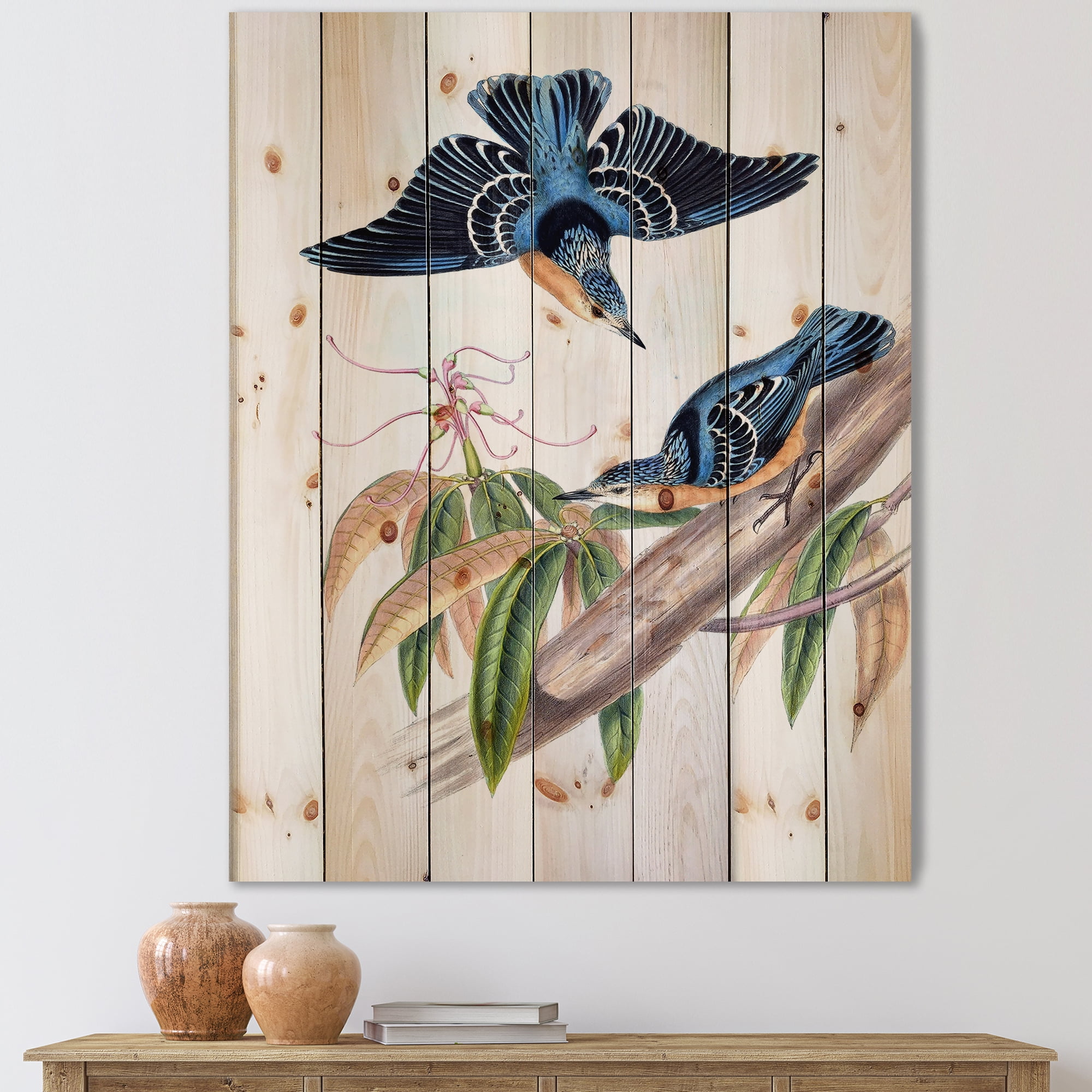 Designart 'Vintage Countryside Birds On Branch V' Farmhouse Print on Natural Pine Wood