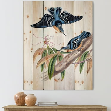 Designart 'Vintage Countryside Birds On Branch V' Farmhouse Print on Natural Pine Wood