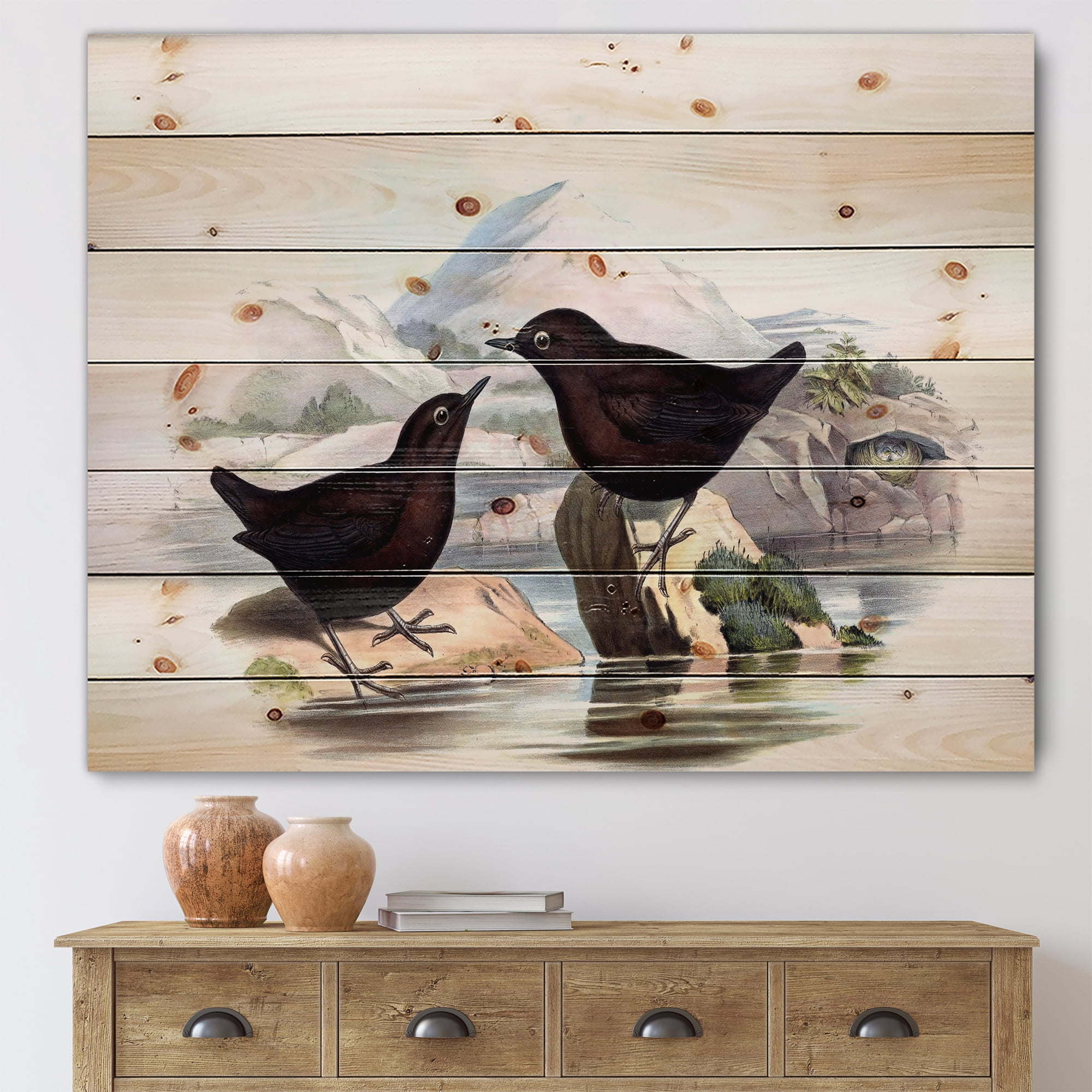 Designart 'Vintage Countryside Two Birds' Farmhouse Print on Natural Pine Wood