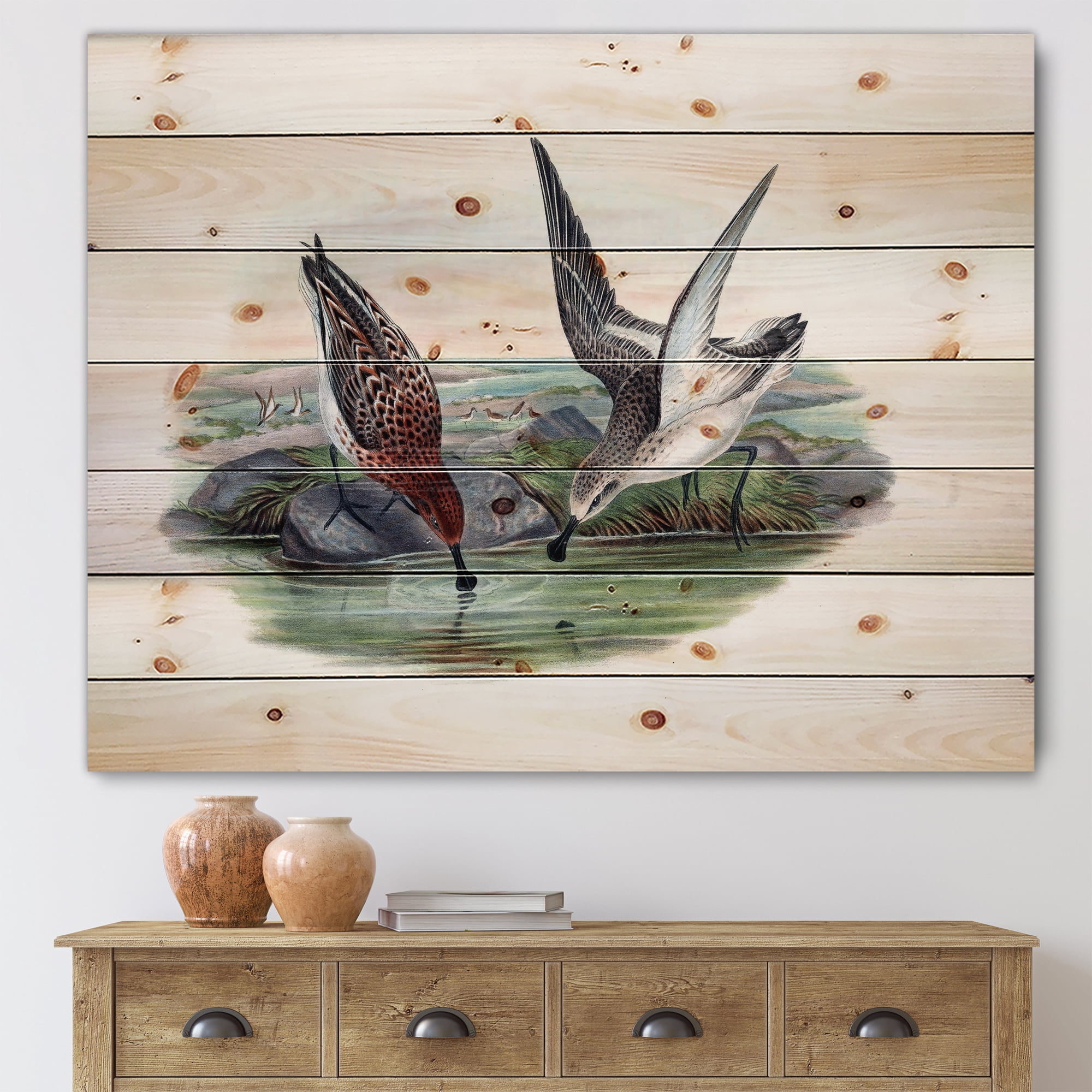 Designart 'Vintage Countryside Two Birds In Lake' Farmhouse Print on Natural Pine Wood