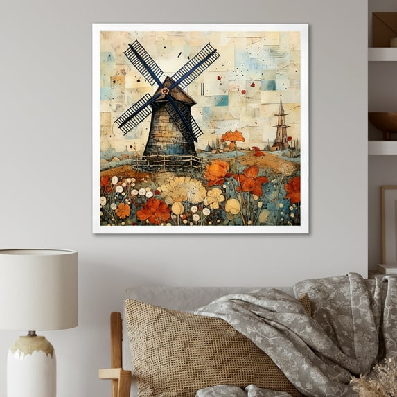 Designart "Vintage Countryside Windmill Scene II" Architecture Framed Wall Art Decor - Industrial Brown Wind Turbines Living Room Framed Canvas Art