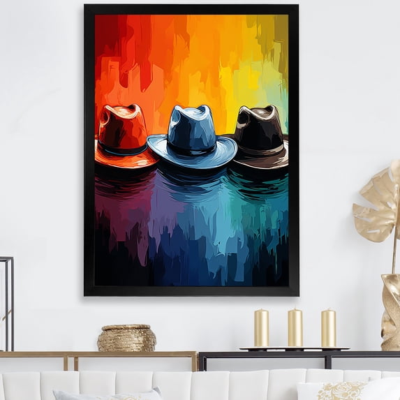 Designart "Vintage Cowboy Hat Burst of Color" People Framed Wall Art - Southwestern Blue Cowgirls Living Room Framed Canvas Art