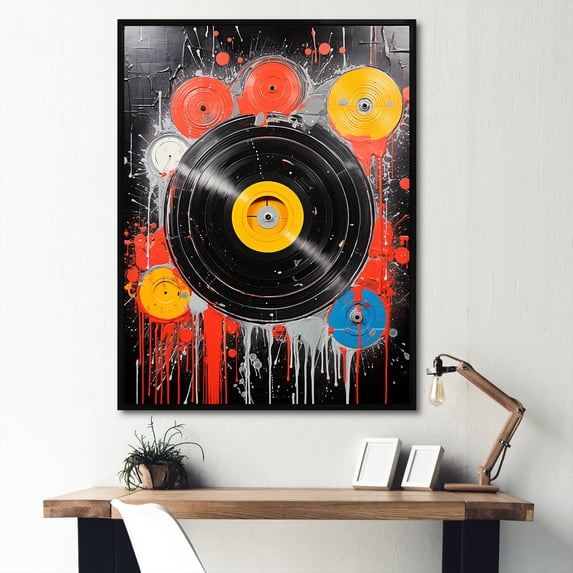 Designart "Vintage DJ Turntables in Black and Yellow" Fashion Framed Wall Art - Modern Yellow Turntables & Boom Boxes Living Room Framed Canvas Art
