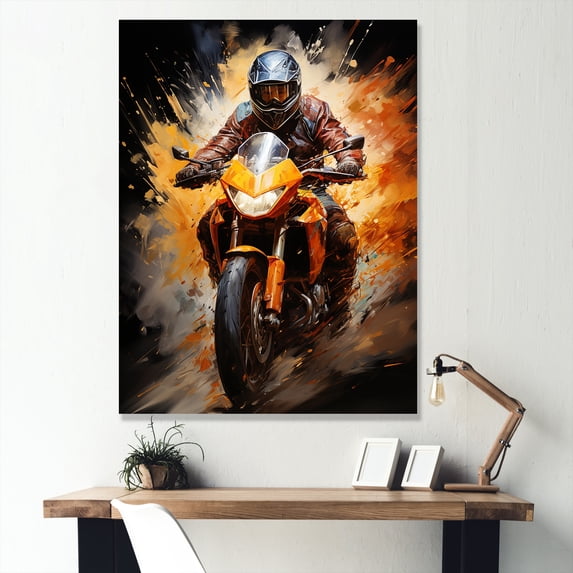 Designart "Vintage Dirty Bike In Orange And Blue I" Motorcycle Canvas Art Print
