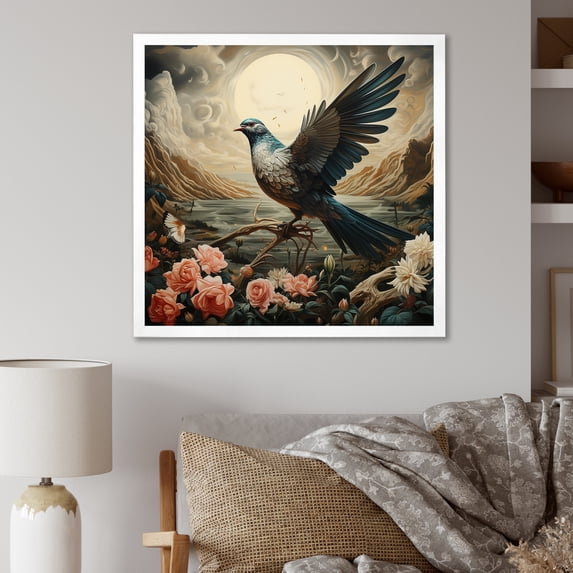 Designart "Vintage Dove at Sunset" Animals Framed Wall Art Decor - Modern White Dove Hallway Framed Wall Art Decor