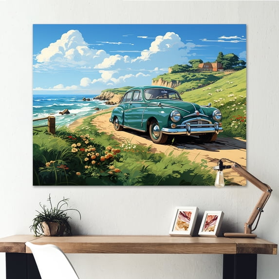 Designart "Vintage Dream Green Classic American Car on Beach I" Transportation Wall Art - Modern Green Car Old American Hallway Wall Art Decor