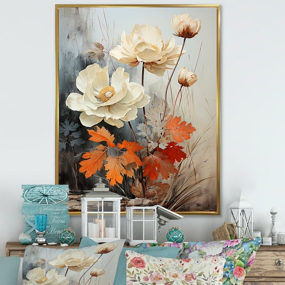 Designart "Vintage Dreamscape Of White And Orange Botanicals" Plants Floater Framed Canvas Wall Art