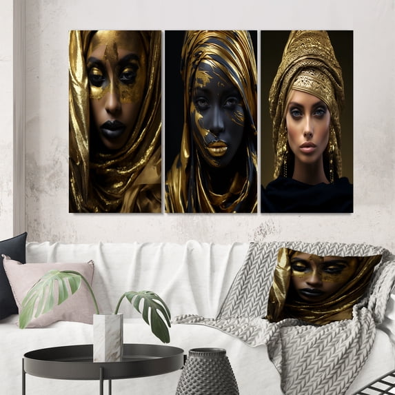 Designart "Vintage Elegance Gold Muslim Queen" Religious Woman Wall Art Set Of 3 - Glam Gold Gallery Set For Office Decor