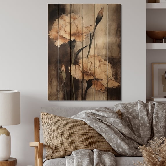 Designart "Vintage Elegance in Brown Carnations I" Floral Print on Natural Pine Wood