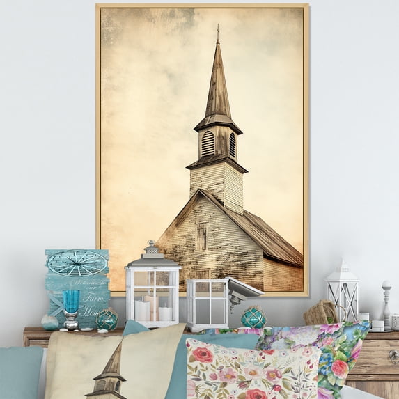 Designart "Vintage Faith in Church Spire" Spiritual Framed Wall Art - Cabin Yellow Church Entryway Framed Wall Art