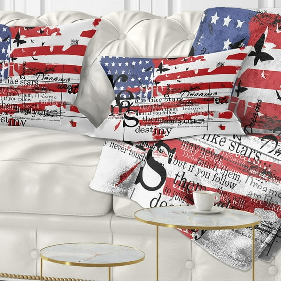 Designart Vintage Fashion USA Flag - Map Throw Pillow - 12x20