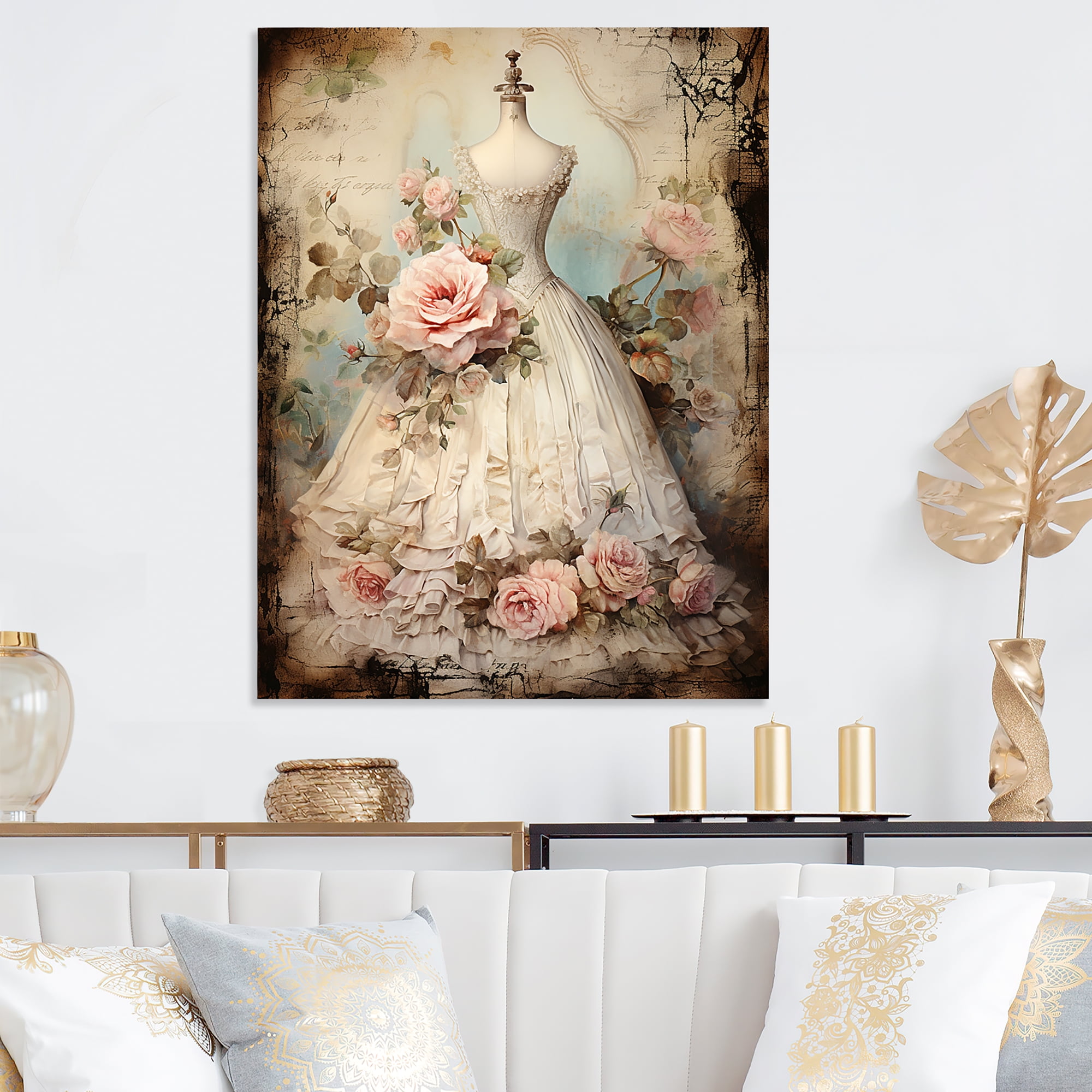 Designart "Vintage Fashion dress elegance II In Pink and Beige"Fashion