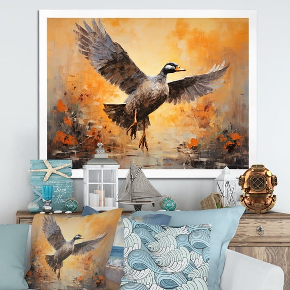 Designart "Vintage Flight of Duck at the Pond III" Animals Framed Wall Art Decor - Modern Farmhouse Grey Duck Bedroom Framed Canvas Wall Art