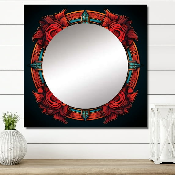 Designart "Vintage Floral Mandala In Crimson And Aquamarine" Boho Mandala Red Large Square Mirror - Square Bedroom Mirror Printed Wall Decor - Traditional Square Printed Wall Mirror Art