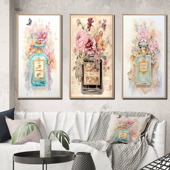 Designart "Vintage Floral Perfume Bottle in Pastel I" Perfumes Framed Wall Art Set Of 3 - Blue Glam Frame Canvas Set For Living Room Decor