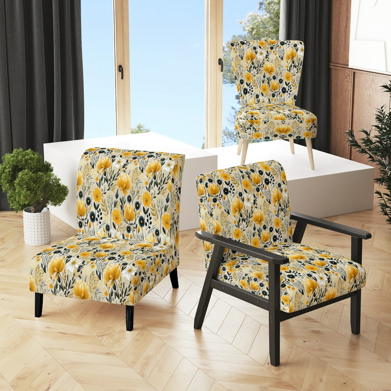 Designart Vintage Floral Renaissance II Yellow Botanical Upholstered Accent Chair Bohemian Eclectic Arm Chair For Living Room