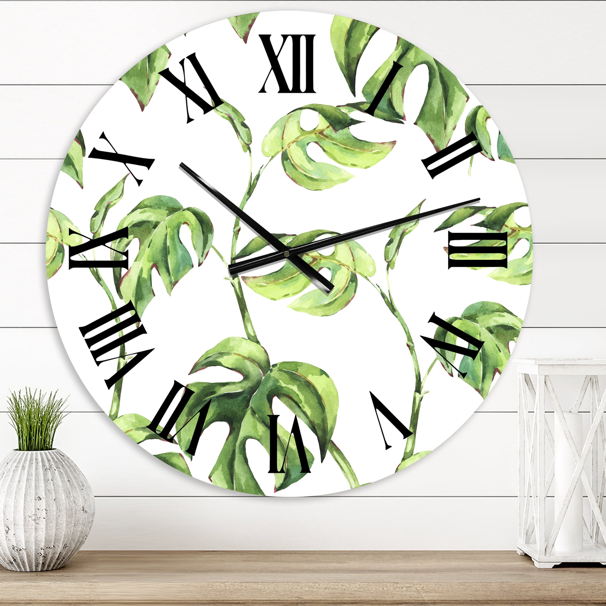 Designart 'Vintage Floral Tropical Leaves Ii' Tropical Wall Clock