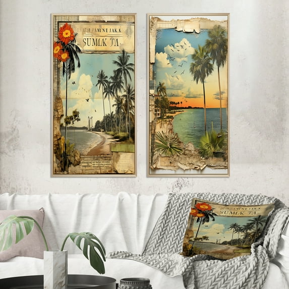 Designart "Vintage Florida Collage Palm Trees and Beach Scenes I" Florida Framed Wall Art Set Of 2 - Modern Green Frame Gallery Set For Office Decor