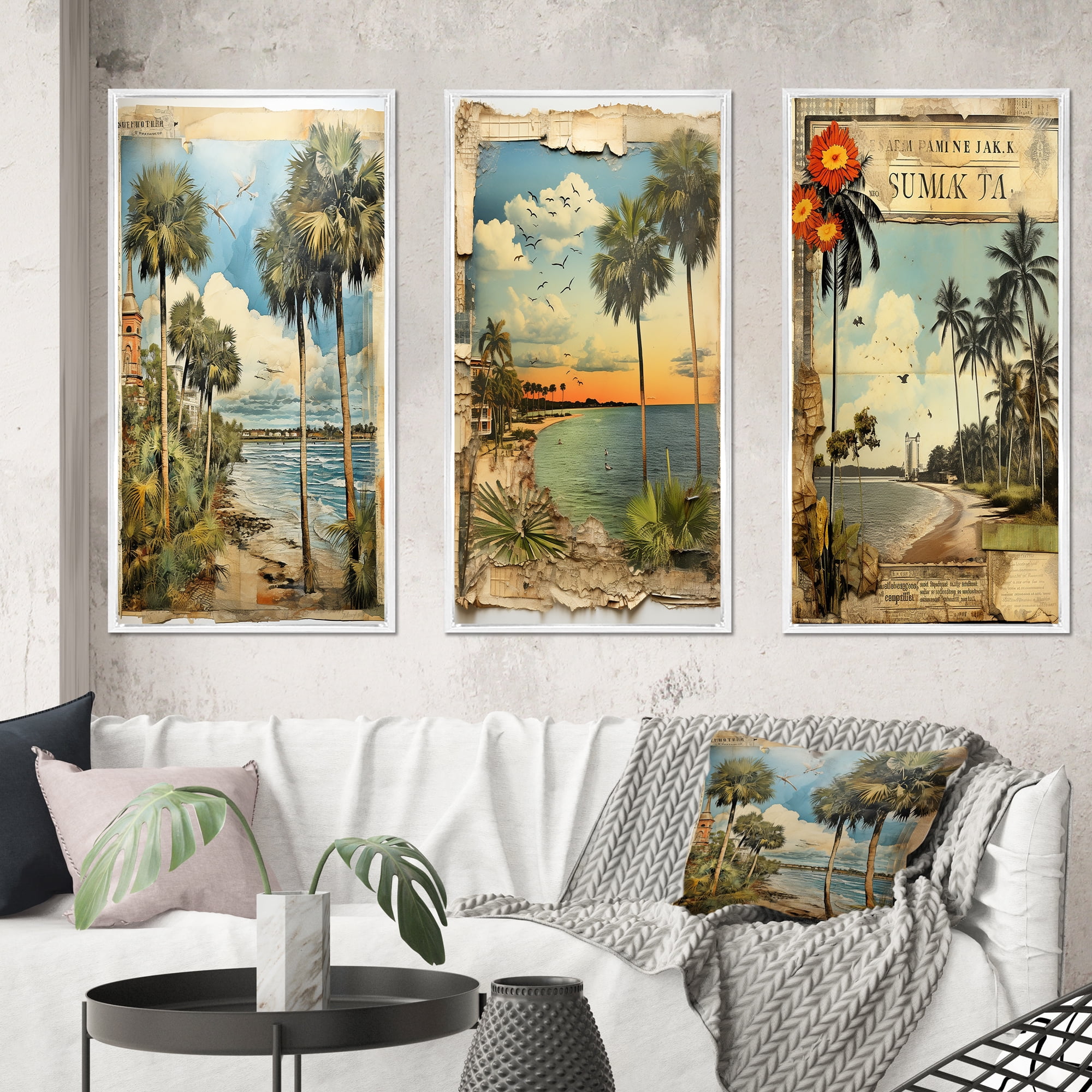 Vintage Florida Palm Trees and Beach Canvas Art Set in White Frame