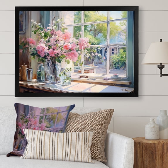 Designart "Vintage Flower View through Delicate French Windows II" Floral Framed Wall Art Decor - Traditional Pink Window Entryway Framed Wall Art Print