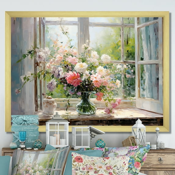 Designart "Vintage Flower View through Delicate French Windows III" Floral Framed Wall Art Decor - Traditional White Window Bedroom Framed Canvas Wall Art
