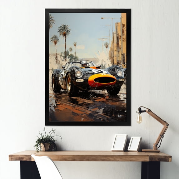 Designart "Vintage Formula Car in Yellow and Black IV" Architecture Framed Wall Art - Modern Yellow Race Tracks Living Room Framed Canvas Art
