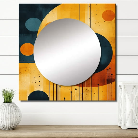 Designart "Vintage Geometric Abstraction In Retro Apricot II" Modern Midcentury Gold Large Square Mirror - Square Bedroom Mirror Printed Wall Decor - Mid-Century Square Printed Wall Mirror Art