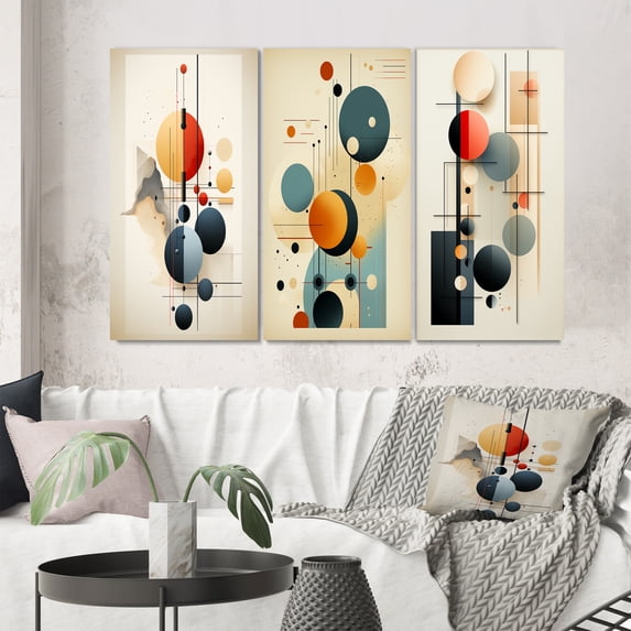 Designart "Vintage Geometric Mystery of Love Flow II" Modern Geometric Wall Art Set Of 3 - Blue Abstract Gallery Set For Office Decor