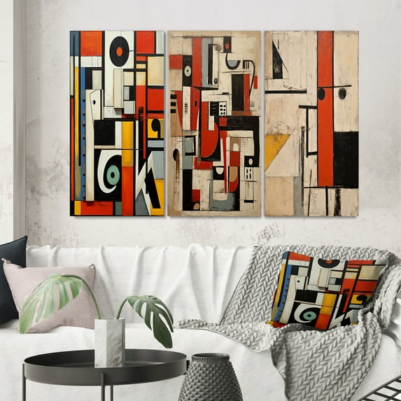 Designart "Vintage Geometric in Retro Red New Order" Modern Geometric Wall Art Set Of 3 - Orange Abstract Gallery Wall Set For Home Decor