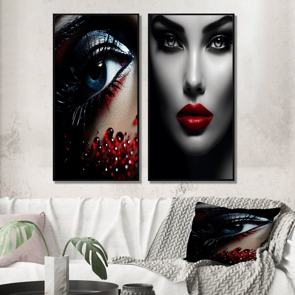 Designart "Vintage Glamour Blue Woman's Gaze" Fashion Woman Framed Wall Art Set Of 2 - Glam Red Gallery Wall Frame Set For Home Decor
