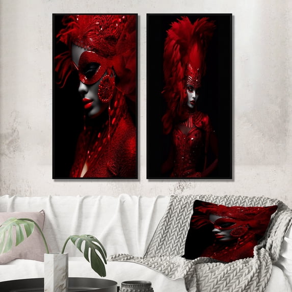 Designart "Vintage Glamour Mysterious Deep Red Mask" Fashion Woman Framed Wall Art Set Of 2 - Glam Red Frame Gallery Set For Office Decor