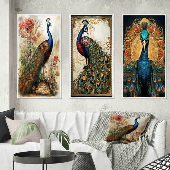 Designart "Vintage Glorious Peacock Illustration" Animals Peacock Framed Wall Art Set Of 3 - Blue Peacock Frame Gallery Set For Office Decor