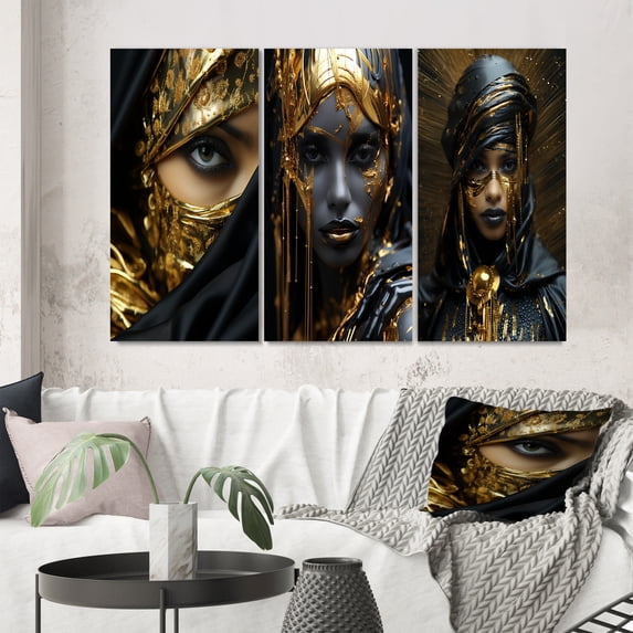 Designart "Vintage Gold Glamour Gorgeous Boho Chic Woman I" Boho Woman Wall Art Set Of 3 - Woman Boho Black Canvas Set For Living Room Decor
