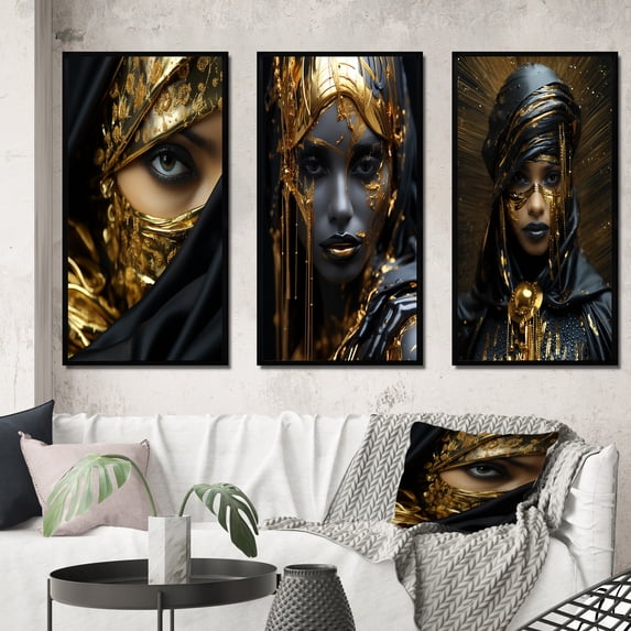 Designart "Vintage Gold Glamour Gorgeous Boho Chic Woman I" Boho Woman Framed Wall Art Set Of 3 - Black Woman Boho Frame Gallery Wall Set For Home Decor