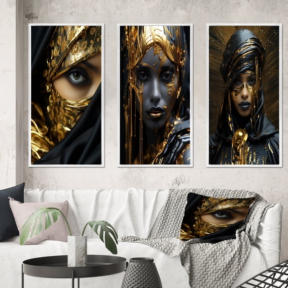 Designart "Vintage Gold Glamour Gorgeous Boho Chic Woman I" Boho Woman Framed Wall Art Set Of 3 - Black Woman Boho Frame Gallery Wall Set For Home Decor