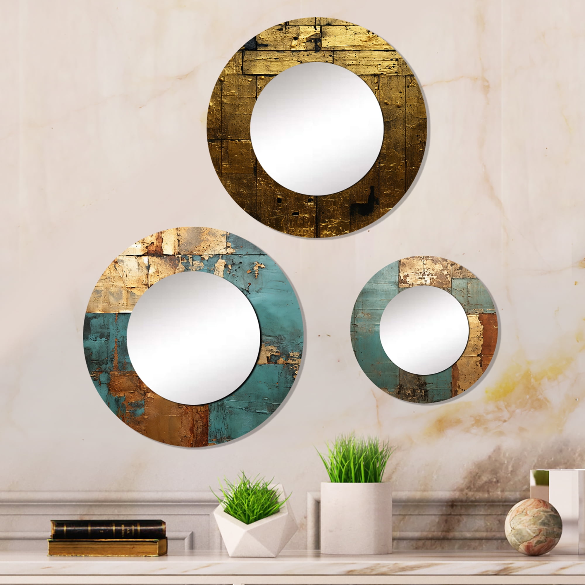 Vintage Gold and Turquoise Round Vanity Mirror Set