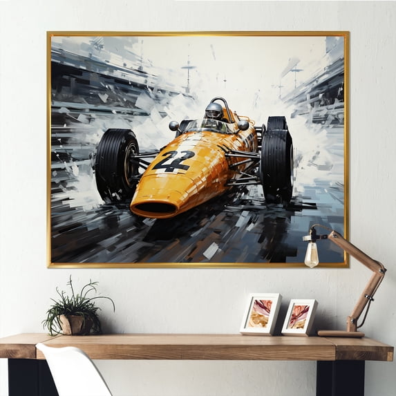 Designart "Vintage Grand Prix Racing Formula Car in Yellow and Black I" Architecture Framed Wall Art - Modern Yellow Race Tracks Living Room Framed Canvas Art