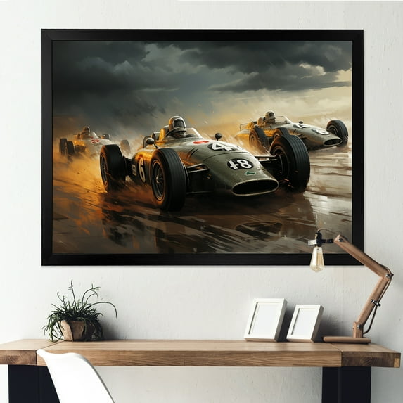 Designart "Vintage Grand Prix Racing Formula Car in Yellow and Black III" Architecture Framed Wall Art Decor - Modern Black Race Tracks Entryway Framed Wall Art Print