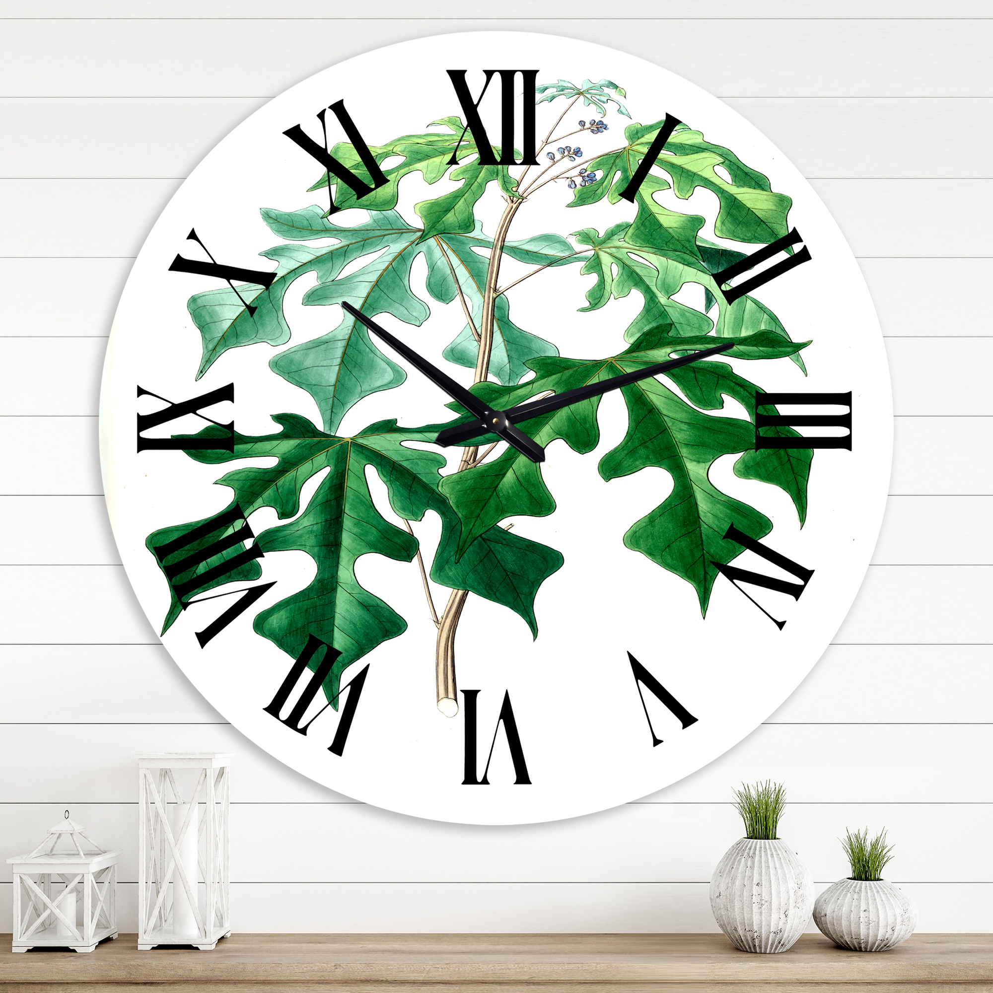 Designart 'Vintage Green Leaves Plants Ii' Traditional Wall Clock