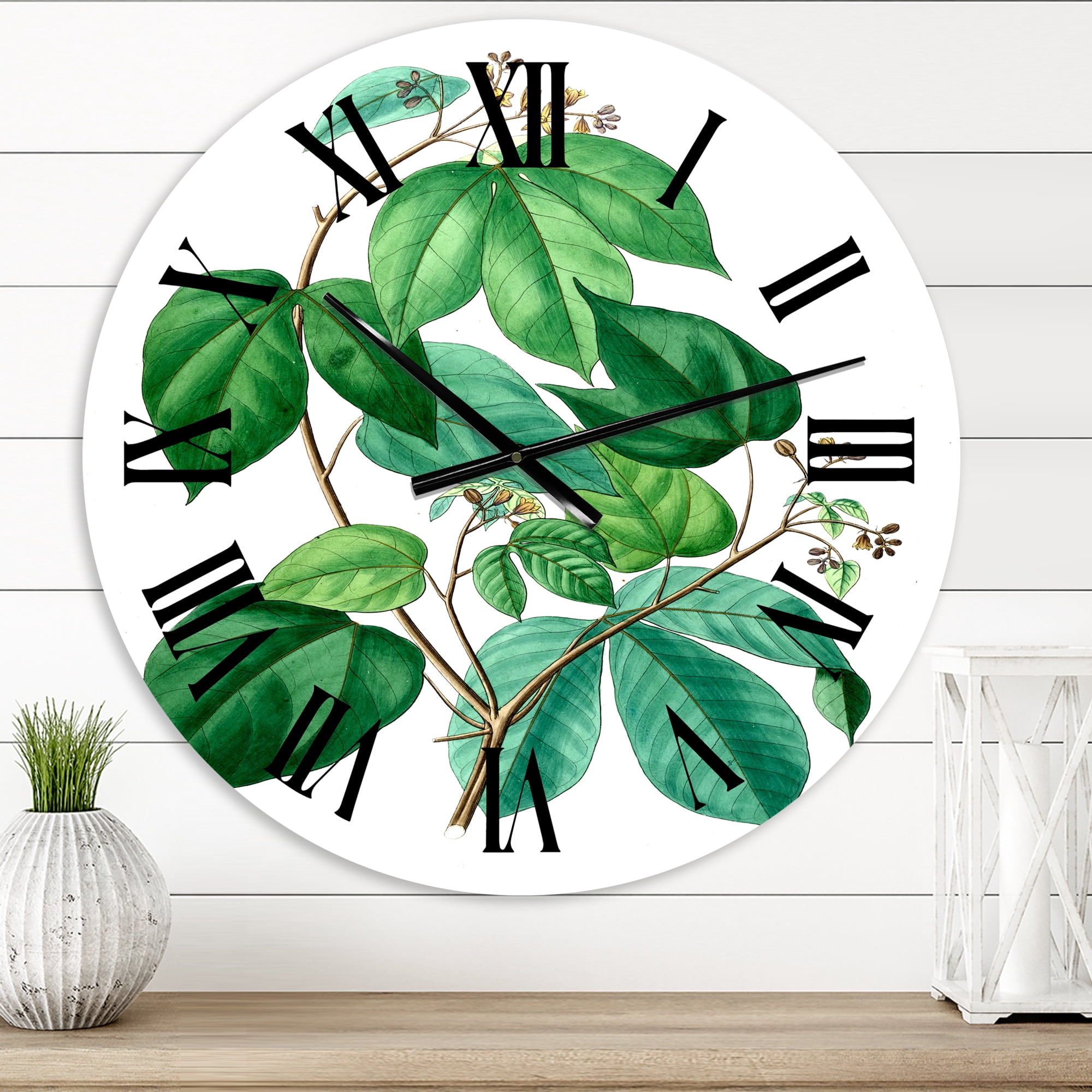 Designart 'Vintage Green Leaves Plants Iii' Traditional Wall Clock