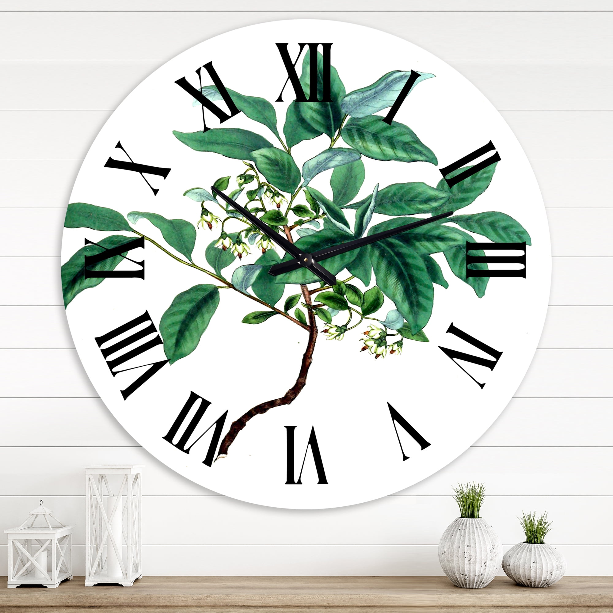Designart 'Vintage Green Leaves Plants Iv' Traditional Wall Clock