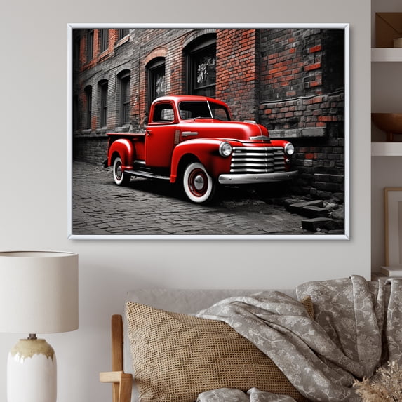 Designart "Vintage Hauler Red Pickup Truck Journey I" Transportation Floater Framed Canvas Art Print