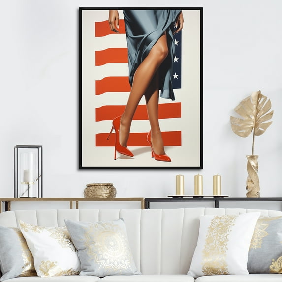 Designart "Vintage Icon Woman of America I" Abstract Framed Wall Art - Modern Red Abstract Popart Hallway Framed Wall Art Decor