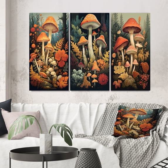 Designart "Vintage Illustration Autumn Mushrooms in Forest II" Mushroom Wall Art Set Of 3 - Traditional Red Canvas Set For Living Room Decor