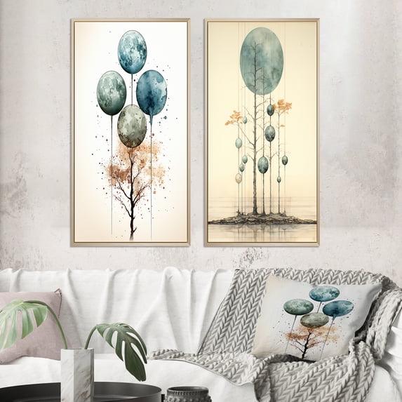 Designart "Vintage Illustration Geometric Tree of Wisdom III" Modern Geometric Framed Wall Art Set Of 2 - Modern Blue Frame Gallery Set For Office Decor